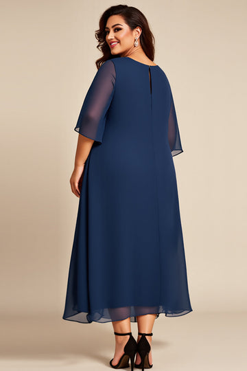 Bleu marine grande taille mousseline de soie Une ligne Mère de la mariée Robe